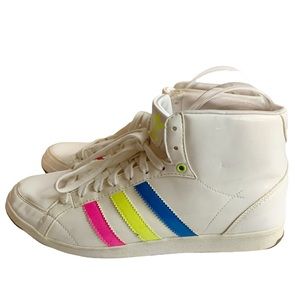 Adidas Adi Hop White Mid Top Sneaker Bright Triple Stripe Shoes Size 9